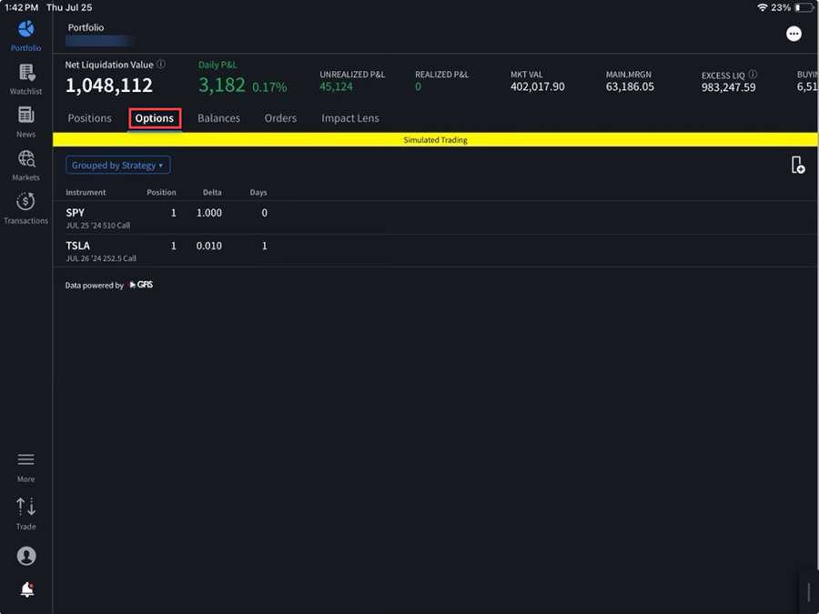 The options tab on the iPad